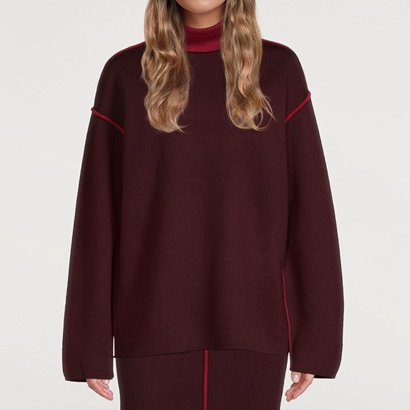 Victoria Beckham Sweaters - Victoria Victoria Beckham Wool Oversized Piped Turtleneck Sweater Iron Red Small